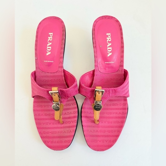 Prada Pink Logo Kitten Heel Slide Canvas Thong Sandals Vintage EU40 - Picture 2 of 9